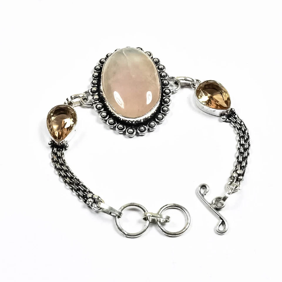 Rose Quartz & Morganite 925 Silver Jewelry Bracelet 7-8" A-1 I701 - Image 2 of 4