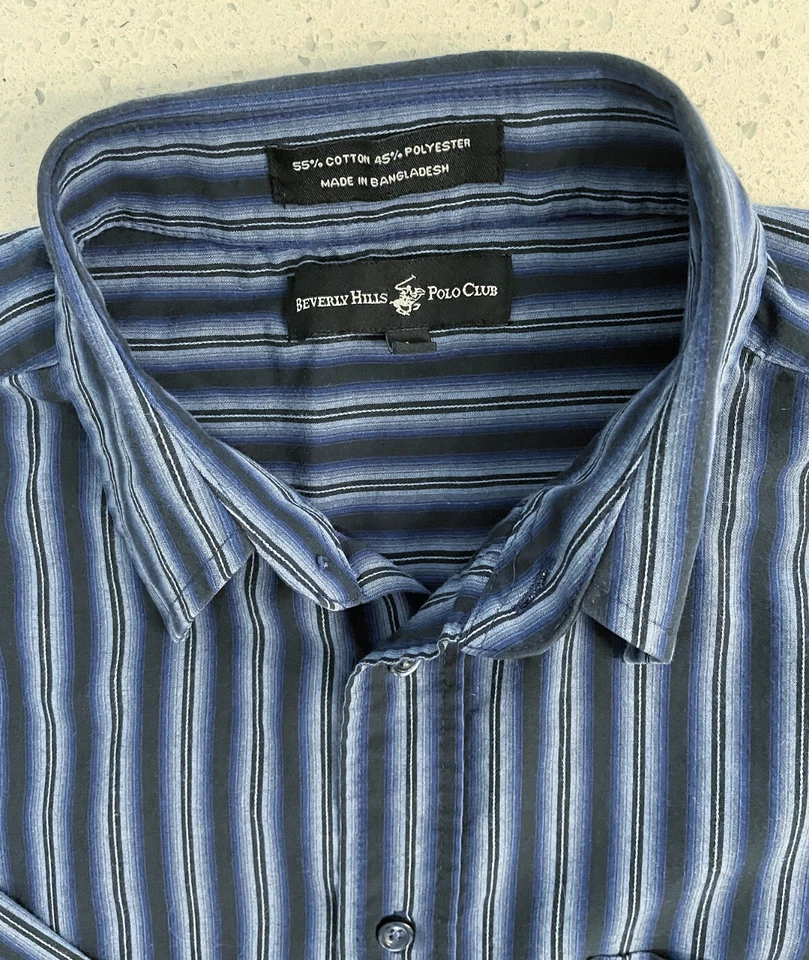 Camisa polo masculina manga longa listrada azul grande Beverly Hills clube botão - Imagem 2 de 4