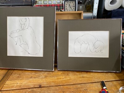 Weiblicher Akt Studie 1974 Don Davy Original Zeichnungen montiert gerahmt Realismus