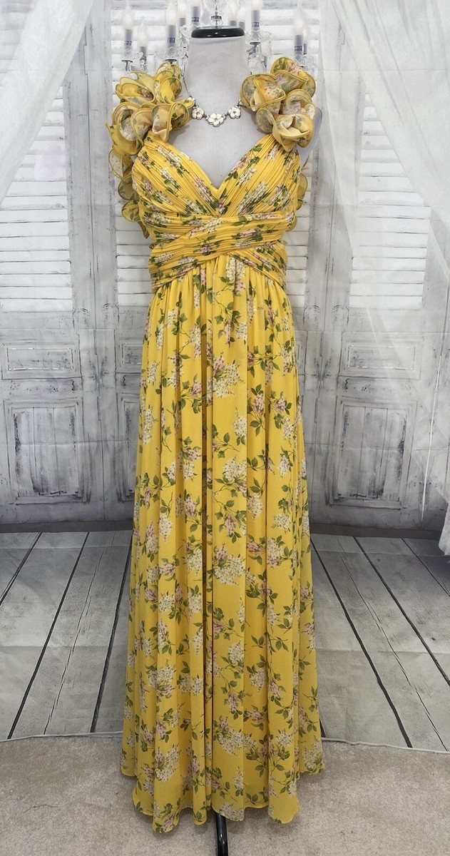 Antonio Melani Sz 8 Manila Yellow Floral Rosette Sleeveless V-Neck Maxi Dress D1 Antonio Melani Sz 8 Manila Yellow Floral Rosette Sleeveless V-Neck Maxi Dress D1