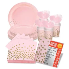 Pink and Gold Polkadot Paper Dinnerware Set for 30 - Party Plates and Napkins...