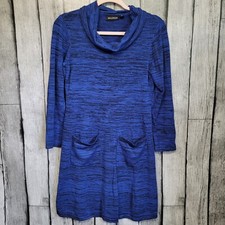 Nina Leonard Dress Womens Medium Blue Black Heather Cowl Neck Pocket Sweater Dre