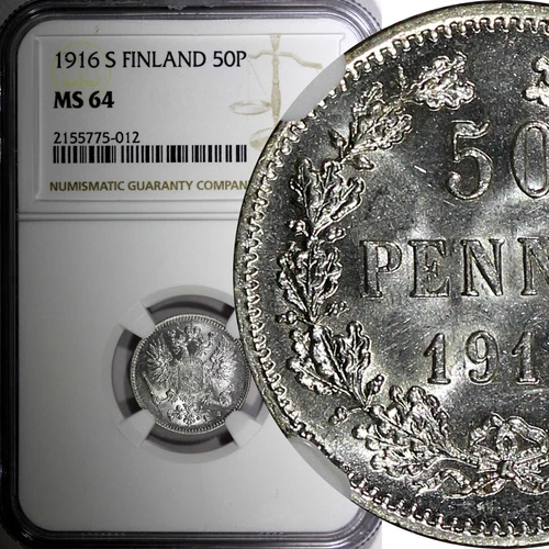 FINLAND Nicholas II Silver 1916 S 50 Penniä NGC MS64 GEM BU COIN KM# 2.2 (012)