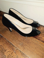 Van Dal Navy Blue Patent Leather Slip On Peep Toe Heels Court Shoes Size 6.5