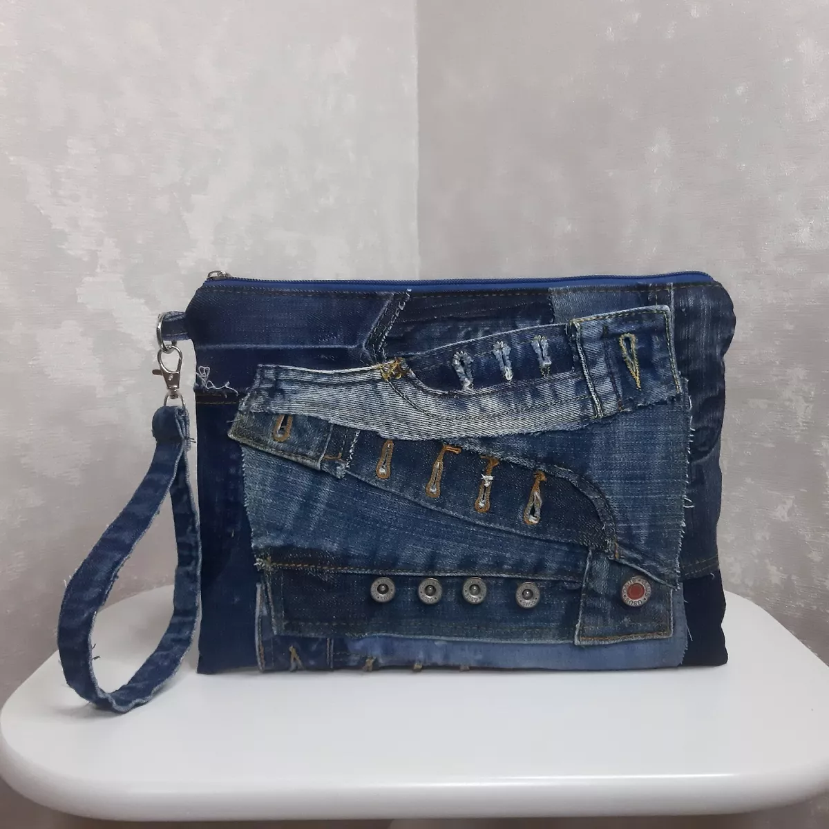 Denim clutch bag, Casual Boro jean clutch, Wristlet purse of shabby jeans