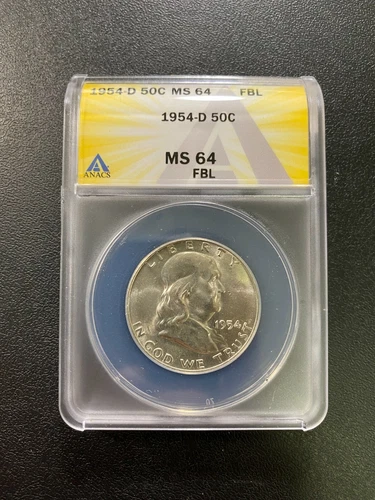 1954 D FRANKLIN HALF DOLLAR ANACS MS-64 FBL - UNCIRCULATED - CERTIFIED SLAB -50C