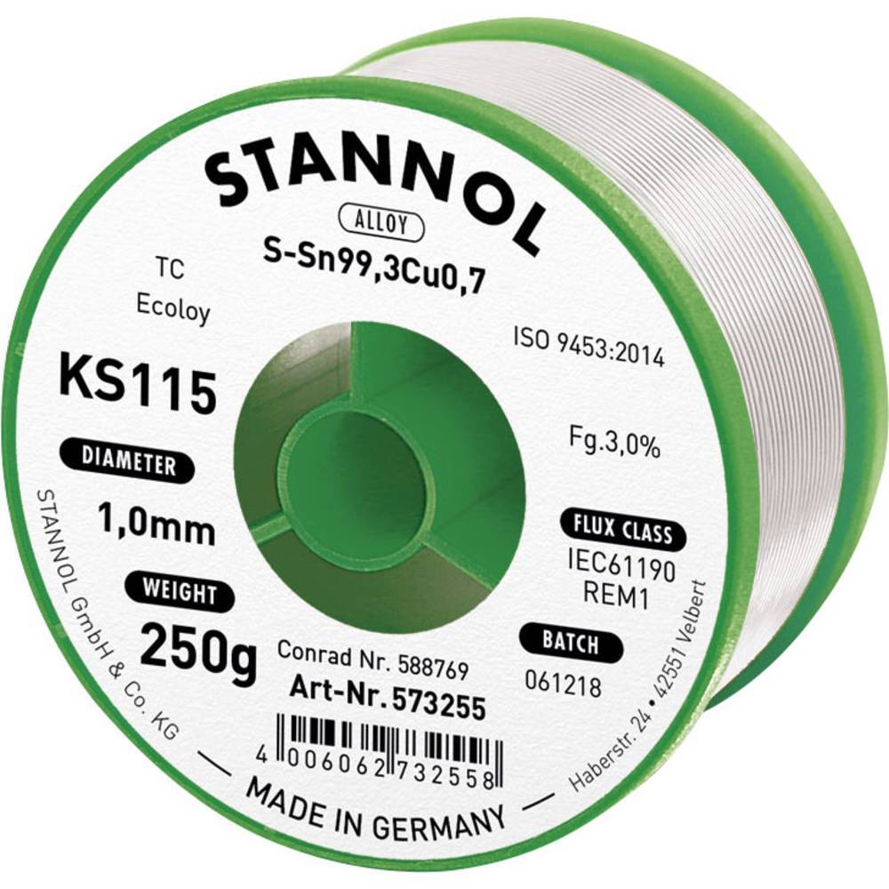 Stannol KS115 Stagno senza piombo Bobina Sn99,3Cu0,7 ROM1 250 g 1 mm