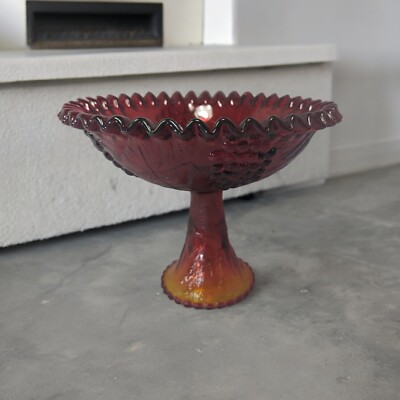 L E Smith Ruby Red Amberina Pedestal Fruit Bowl GLOWS Ruffled Crimp Edge Grapes
