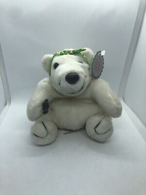 Vintage Coca Cola 1997 Bean Bag Plush Polar Bear With Green Polka Dot Bow #0153