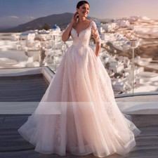 Elegant Lace Applique Wedding Dresses Illusion Long Sleeves A-Line Bridal Gowns