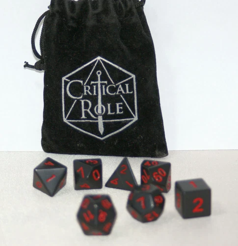 Critical Role Tal’dorei Dice Set , Black with Red Ink,  Logo Bag included