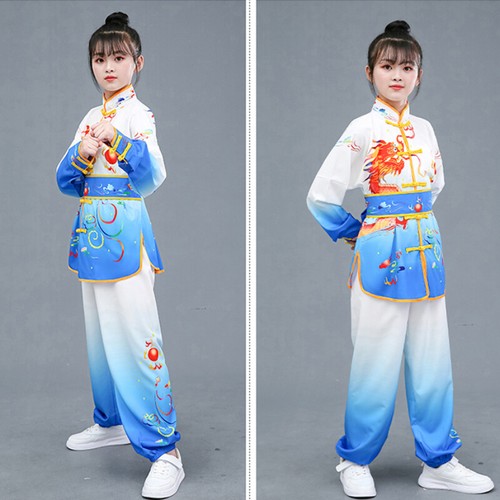 Girls Boys Outfit Top Pants Set Stage Training Set Chinese Style Dragon Pattern - Picture 8 of 16