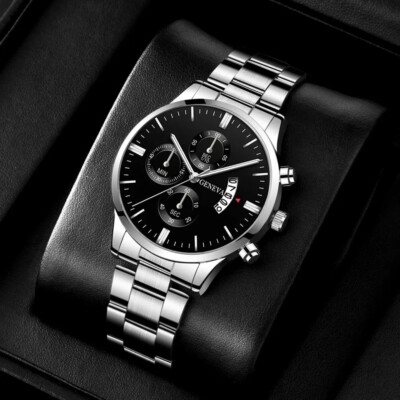 GENEVA Herren Luxus Quarzuhr   Silber Edelstahl, Business Uhr mit Kalender