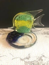 Partlylite Art Glass Yellow And Green Angel Fish Tealight Candle Holder