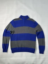 Chap Mens Blue Striped Sweater Pullover 1/4 Zip Warm 100% Cotton Stripes Large