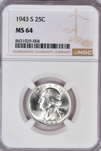 1943 S Washington Quarter NGC MS 64 Gem Silver Coin 25C