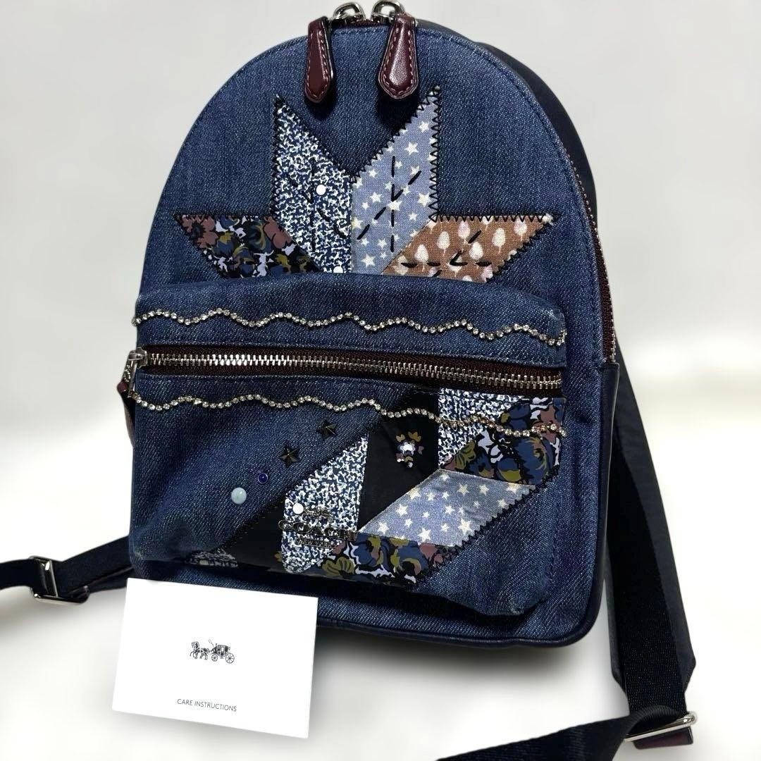 COACH Denim Patchwork Backpack with Rhinestones W… - image 1
