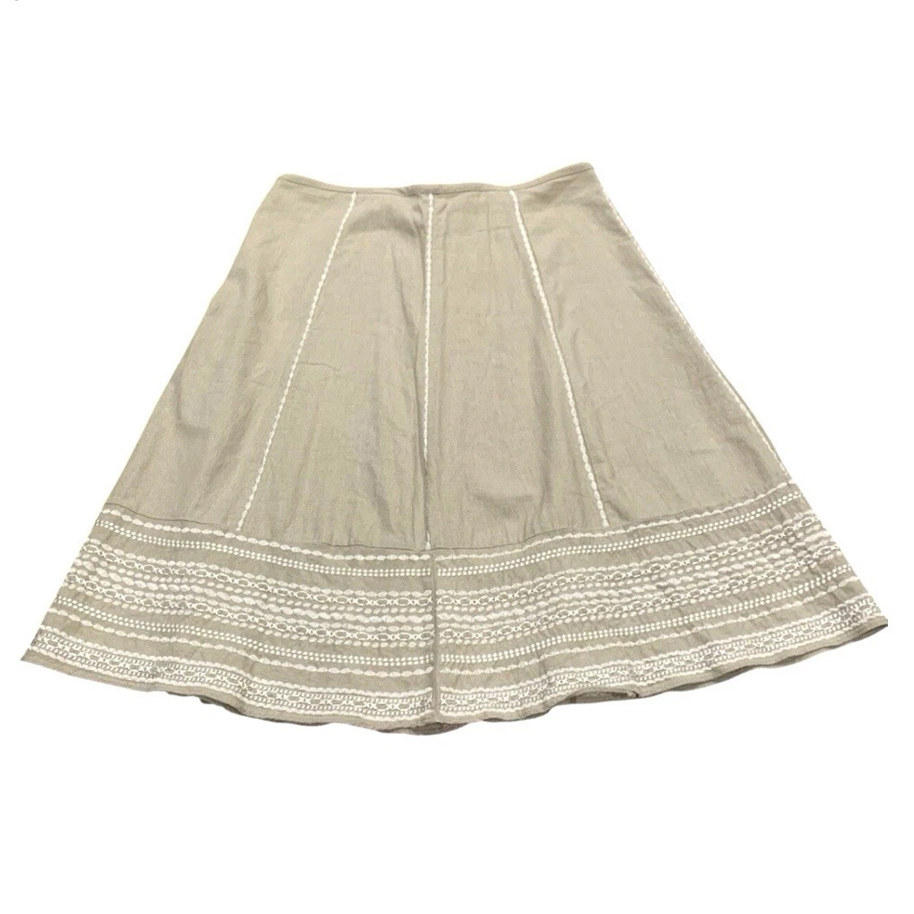 B.Moss Midi Skirt Natural Beige Linen Blend Embroidered Size 10 A Line Tailor