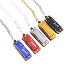 4 Holes 8 Tones Mini Harmonica Metal Chain Necklace Style Mouth Organ Woodwind
