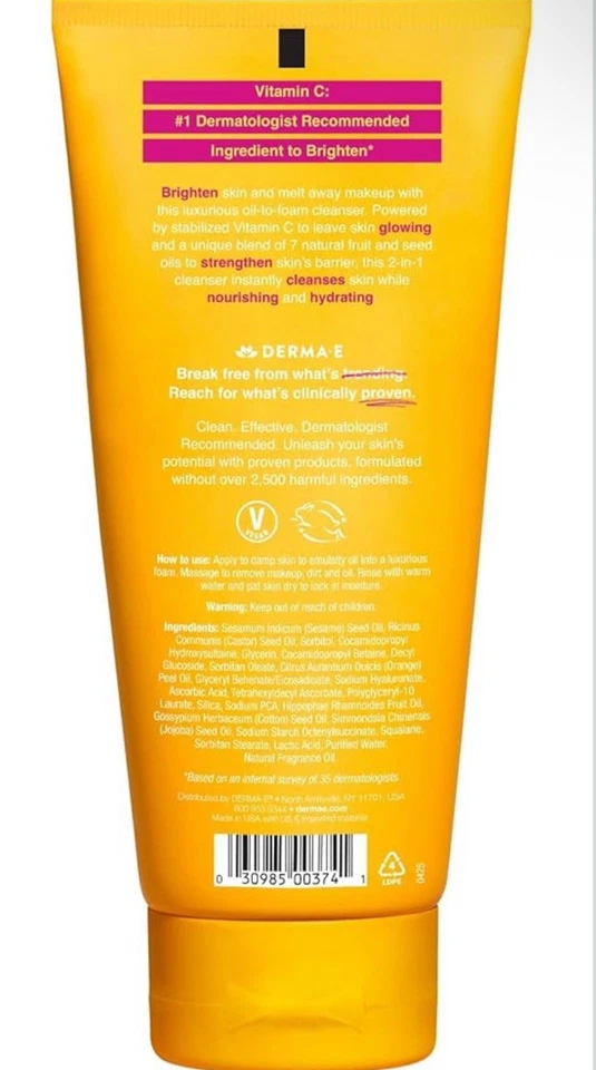 Limpiador facial Derma E vitamina C aceite espumoso 6 fl oz 2 en 1 aceite a espuma Foto 2 de 2