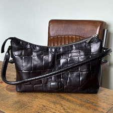 Mulberry Black Croc Embossed Leather Shoulder Bag Silver Hardware Zip Lined
