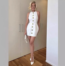 Women's White Halter Sleeveless Backless Mini Dress Solid Button Accents S