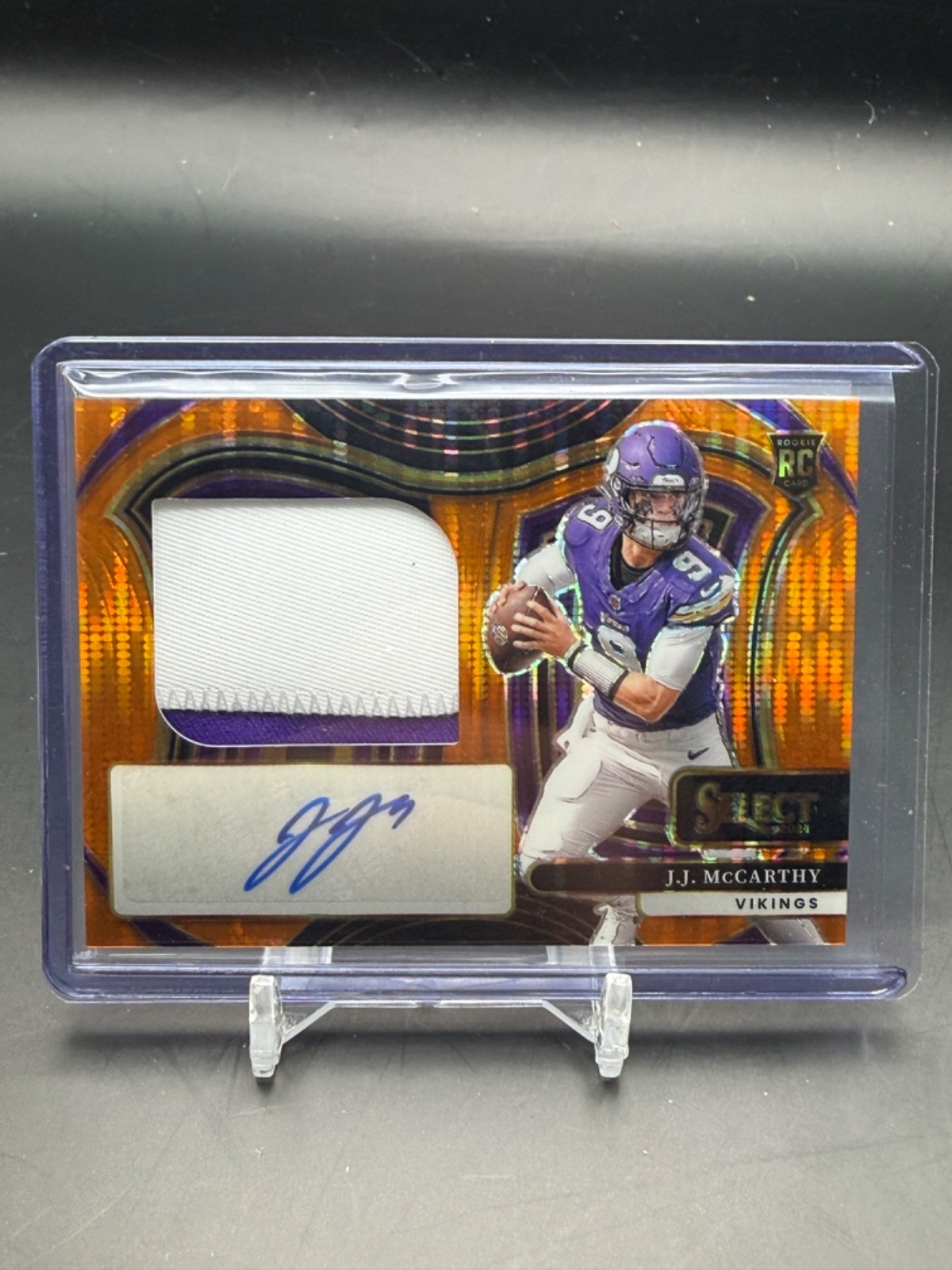 JJ McCarthy Panini Select Jumbo Rookie Signature Swatches #JRSSJMY Neon Orange Pulsar