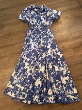 Blue  White Floral Midi Dress  Collared Short Sleeve  Fit  Flare  Size M