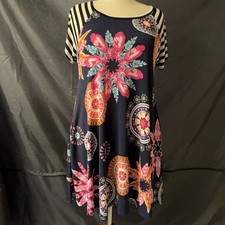 Women’s XL Navy Floral Mandala A-Line Dress Striped Sleeves Stretch USA Made