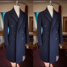 Navy Wool Men Long Overcoat Cashmere Double Breasted Winter Formal Men Long Coat