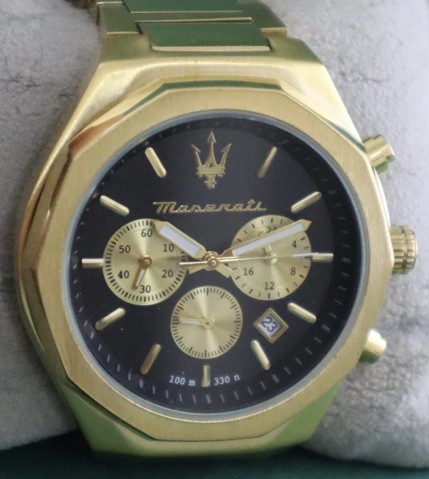 Reloj de pulsera Maserati informal cronógrafo esfera negra "fecha" para hombre correa de acero dorado Foto 3 de 4