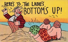 TOAST TO LADIES ~ BOTTOMS UP 1944 VINTAGE COMIC LINEN POSTCARD 061026 V