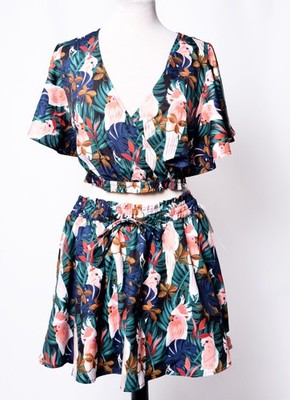 UNIQUE VINTAGE  PLUS SIZE COCKATOO PRINT DOTTIE CROP TOP & MATCHING DARYL SKORT