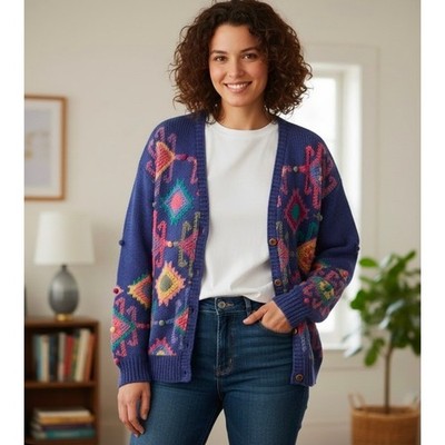 Robert Scott Ltd Hand Knitted Purple Geometric Cardigan Sweater Womens Large