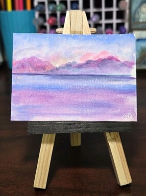 Original ACEO Cat Pastel Sky Clouds Ocean Mixed Media Mini Jessica Disparti 