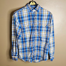 Panhandle Slim Men's M Blue/Beige Plaid Long Sleeve Button-Up Shirt Pockets