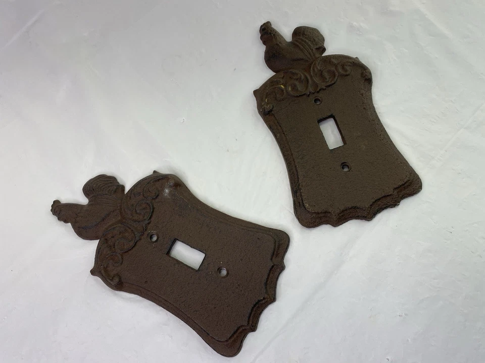 DE COLECCIÓN (2) Interruptor de Luz de Hierro Forjado Cubierta Gallo Pollo con Pergamino Trabajo Hierro Fundido Foto 4 de 4