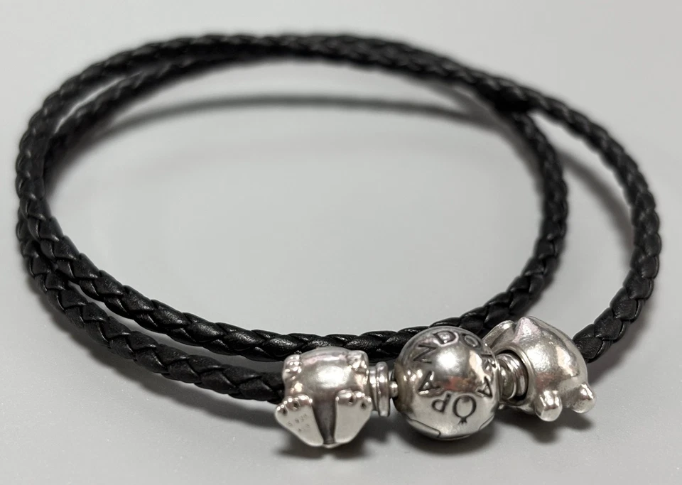 Gargantilla de cuero trenzado negro de plata esterlina .925 Pandora Ale con 2 dijes de rana Foto 4 de 4