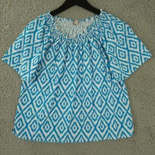 Ann Taylor LOFT Shirt Womens XS Blue White Geometric Smocked Neck Flutter Sleeve