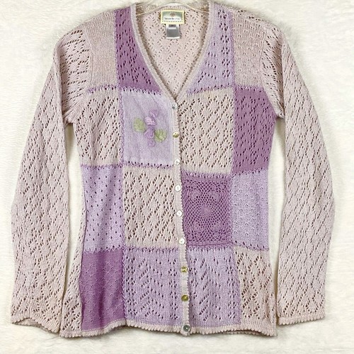 VTG Susan Bristol Sweater Womens M Purple Crochet Patchwork Grandma Coquette 90s - Picture 1 of 9