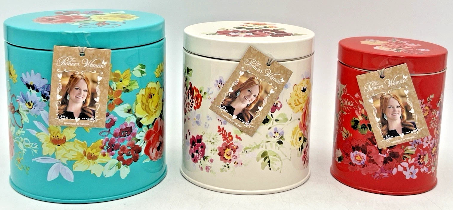 (3) PIONEER WOMEN FLORAL TIN CANISTERS TURQUOISE 6.5", LINEN 6", RED 5.5"