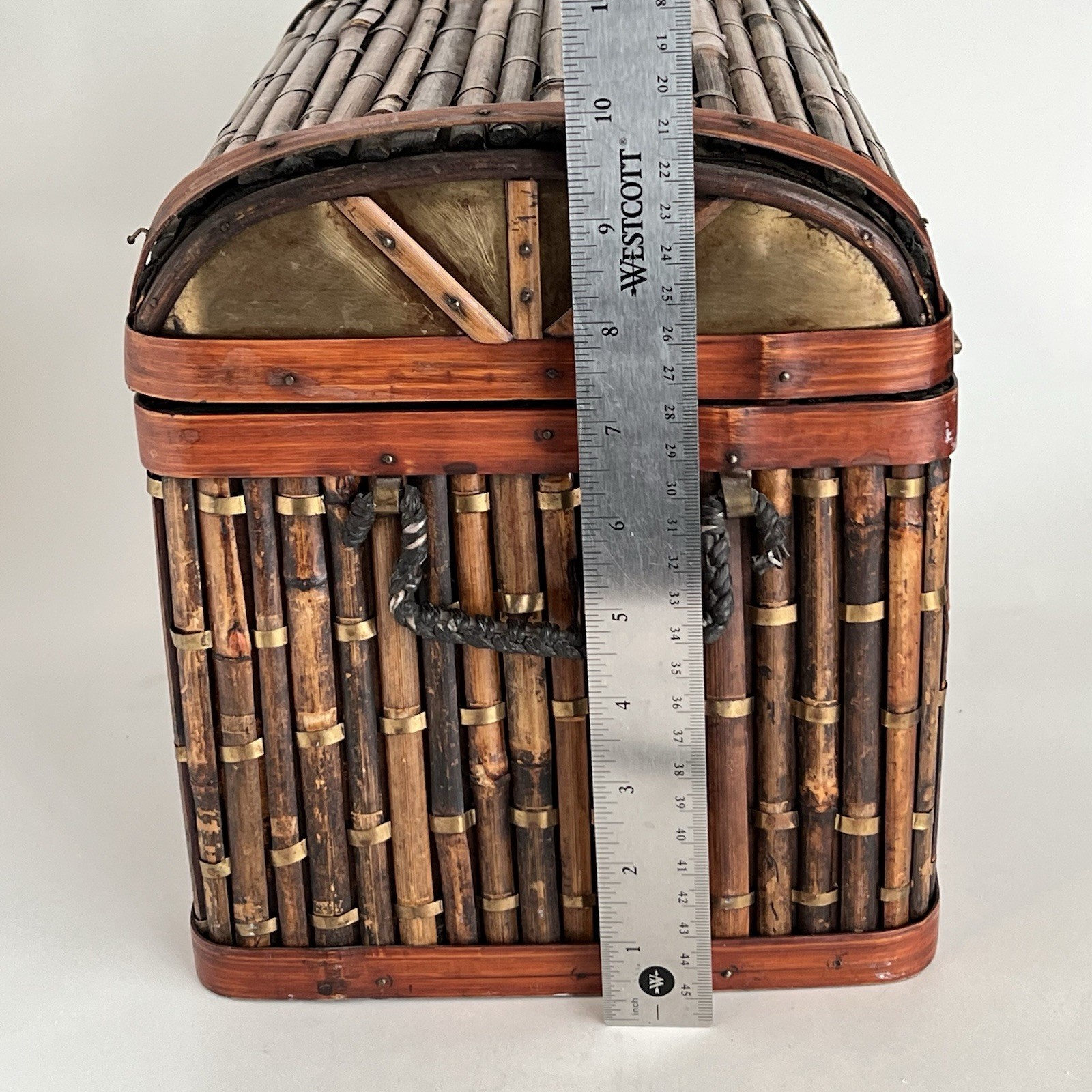 Bamboo & Tin Chest Trunk With Metal Latch & Dome Lid Boho Cottage Cabin 10”