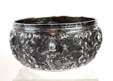 Antique Figural Solid Silver Bowl Handmade Burmese Thabeik Thai Repousse 158 gr