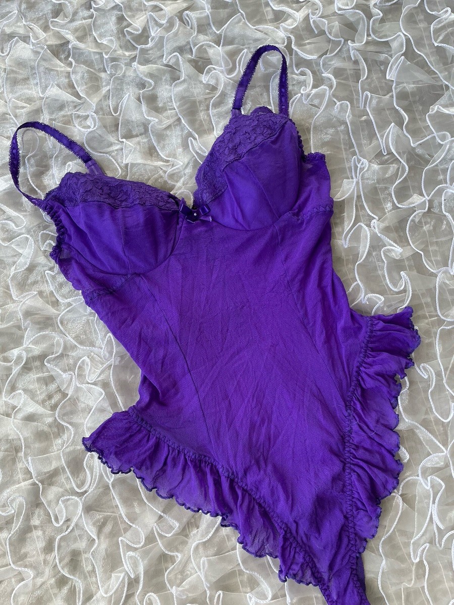Vintage Sheer Purple Mesh Frilly Ruffle Bodysuit Lingerie M Andrea