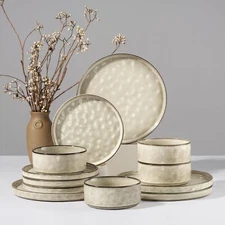HaWare 12-Piece Stoneware Dinnerware Set for 4 – Saturn Khaki, Chip-Resistant