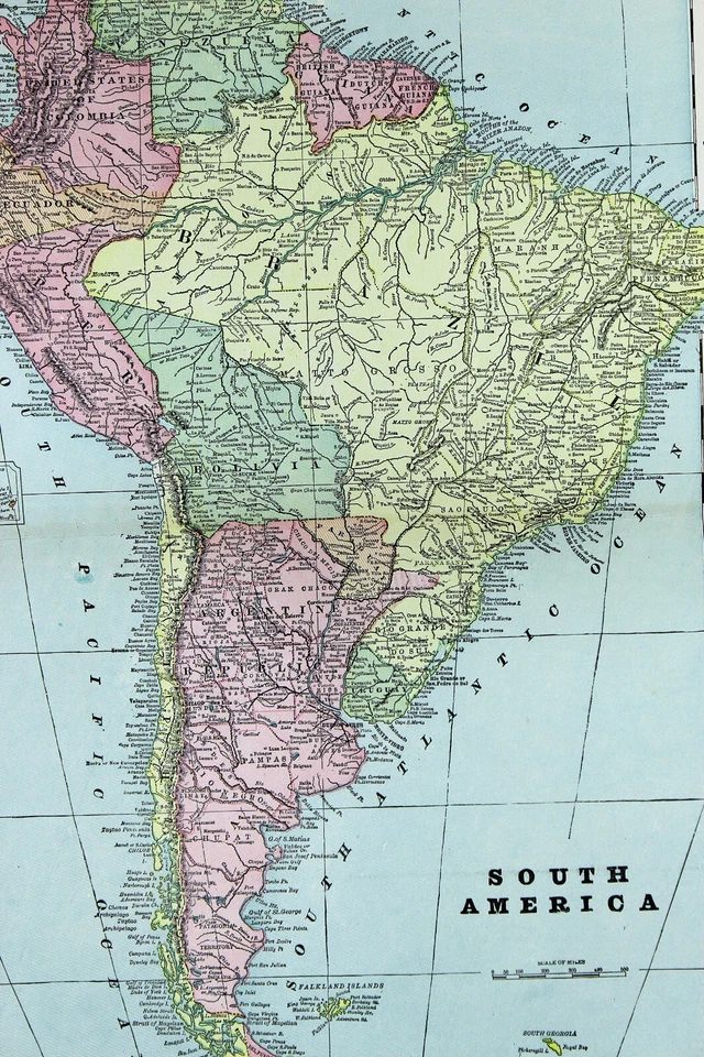 Mapa de América del Sur de la década de 1890 litografía a todo color 21,75 x 14,5 George Cram Foto 2 de 4