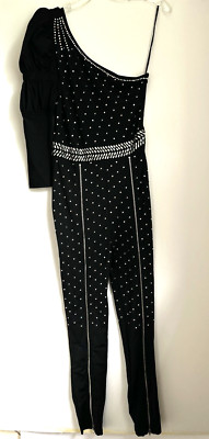 BANJUL Small Women's Black Rhinestone Beaded Bodycon jumpsuit Party Festival