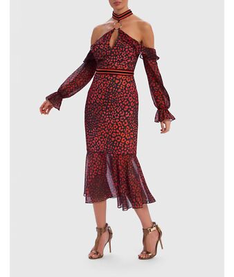 Forever Unique Roxanna Kleid rot Leopardenmuster Cold-Shoulder Kontrast Rüschen