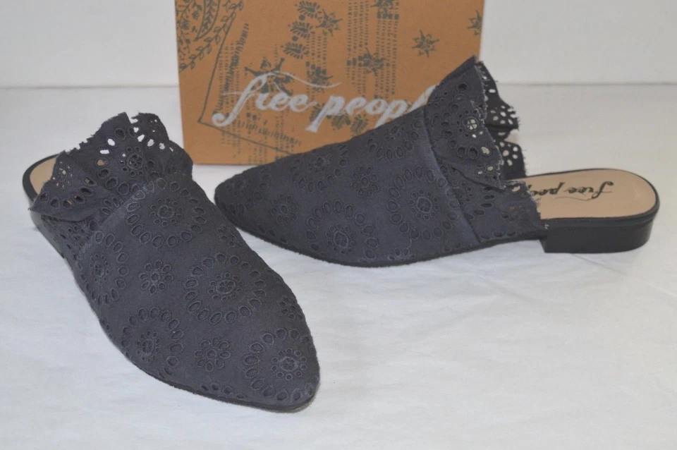 New $78 Free People Eyelet Sienna Slip On Black Ruffle Lace Slip On Mule Loafer