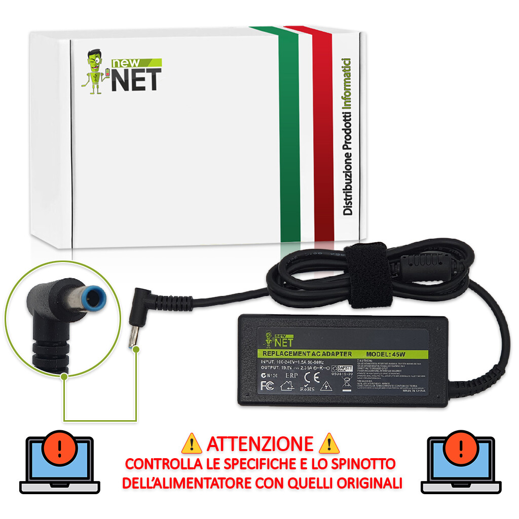 Caricatore HP 45W 19.5V - Per Probook, Elitebook, Pavilion, Connettore 4.5x3.0mm, Cavo 2.8m - Foto 11
